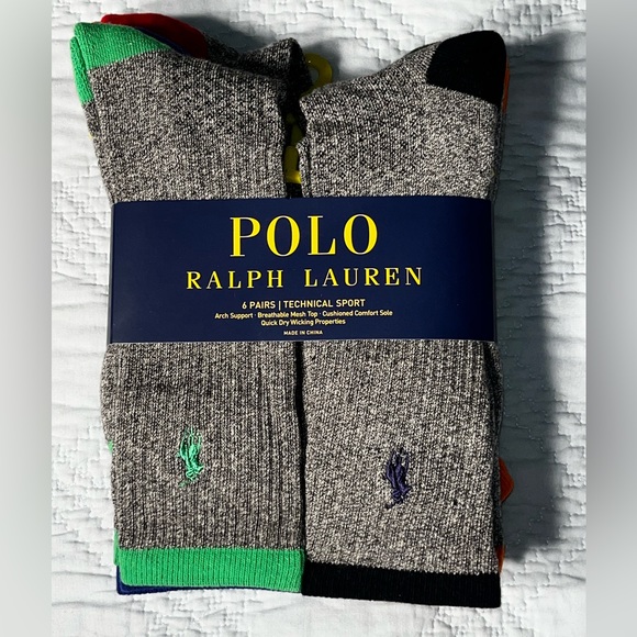 $29 Men’s 6 PACK POLO RALPH LAUREN TECHNICAL SPORT CUSHIONED SOLE CREW SOCKS - Picture 2 of 8